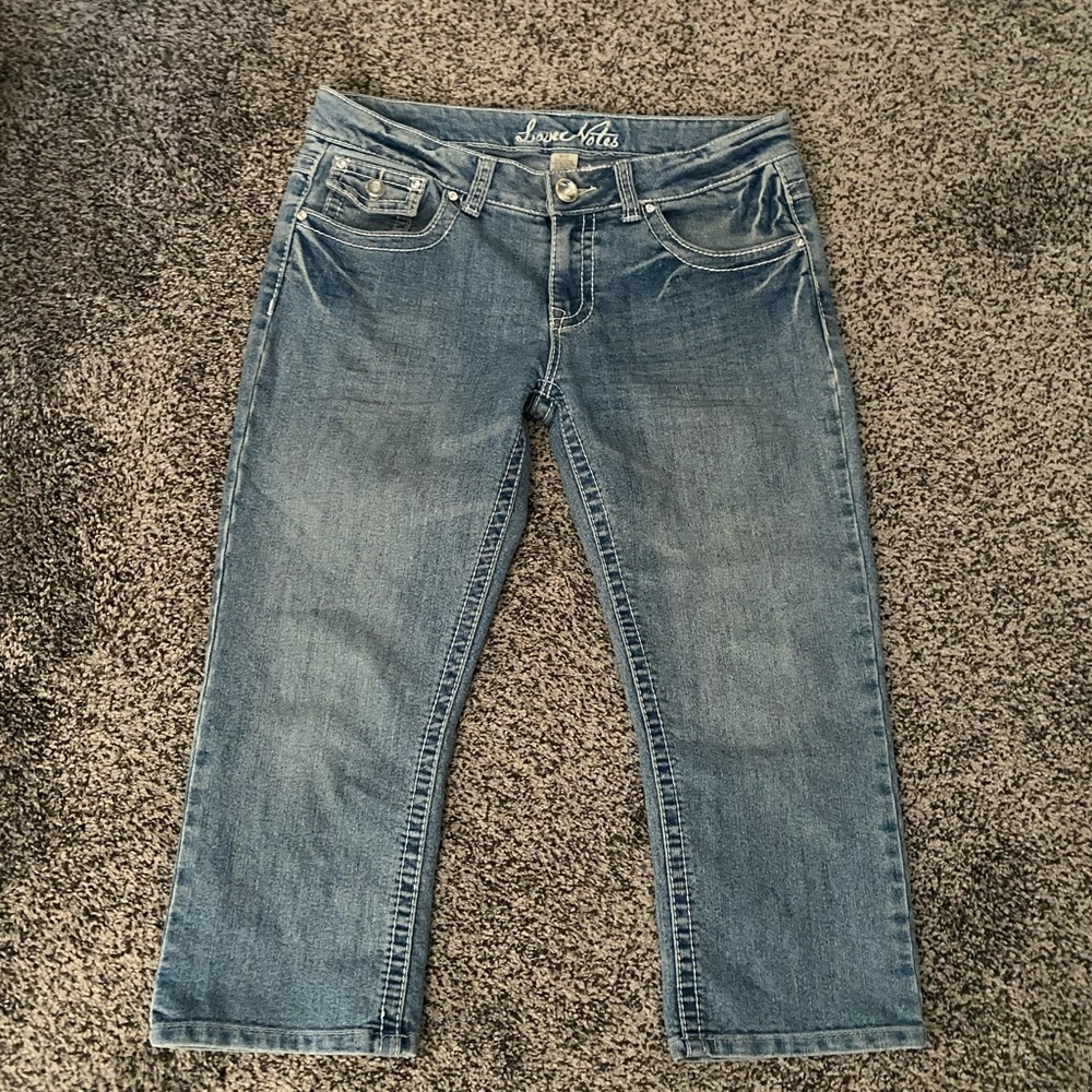 Love Notes Jeans 11 12 Cropped Blue Stretch Denim Rhinestone Buttons Rivets